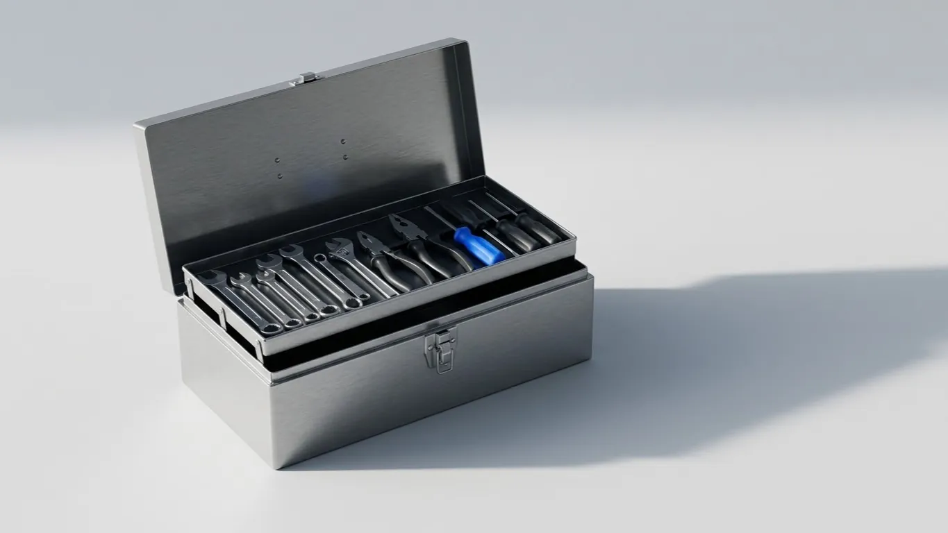 An open steel toolbox with a tray of hand tools, one screwdriver with a blue handle.